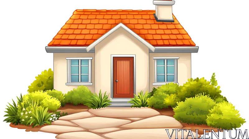 Illustrated Cottage with Lush Garden and Red Roof AI Image