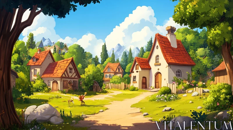 AI ART Charming Village Scenery with Sunlit Cottages