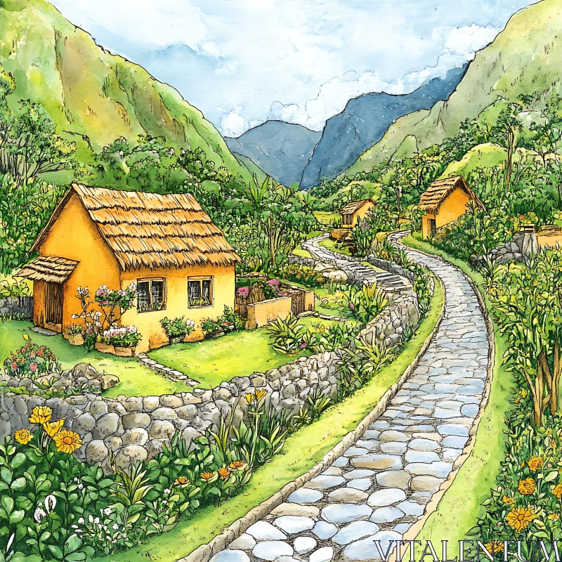 Idyllic Village Scene with Mountain Backdrop and Gardens AI Image