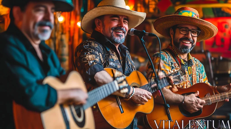 Festive Guitar Playing by Trio in Colorful Hats AI Image