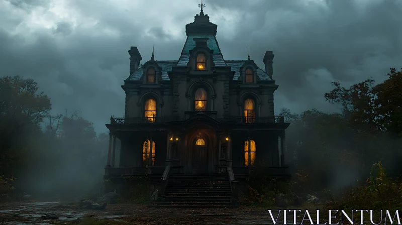 Ominous Gothic Mansion with Glowing Windows AI Image