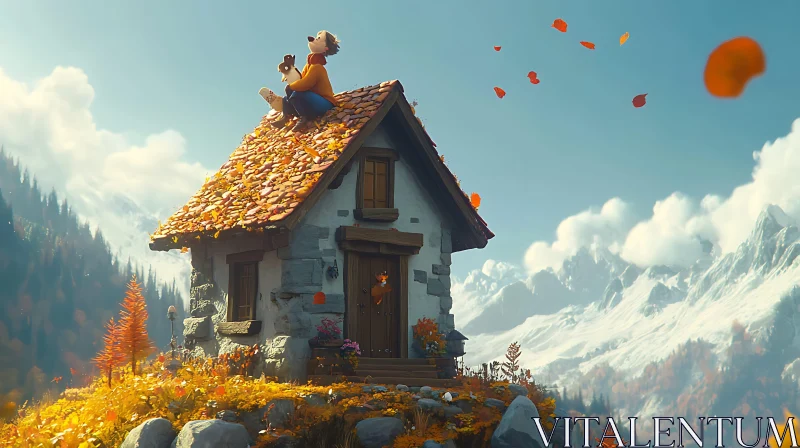 AI ART Cozy Cottage with Autumn Leaves and Mountain View