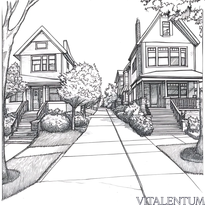 Charming Neighborhood Street Drawing AI Image