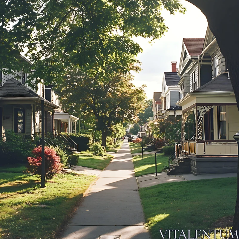 Quaint Neighborhood on a Sunny Afternoon AI Image