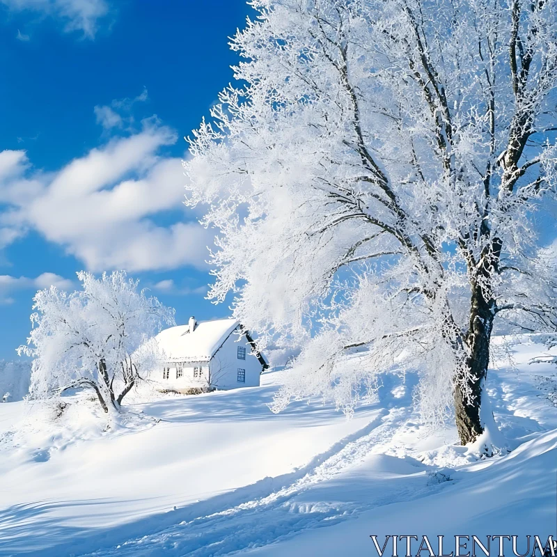 AI ART Snow-Covered Cabin Amid Frosty Trees