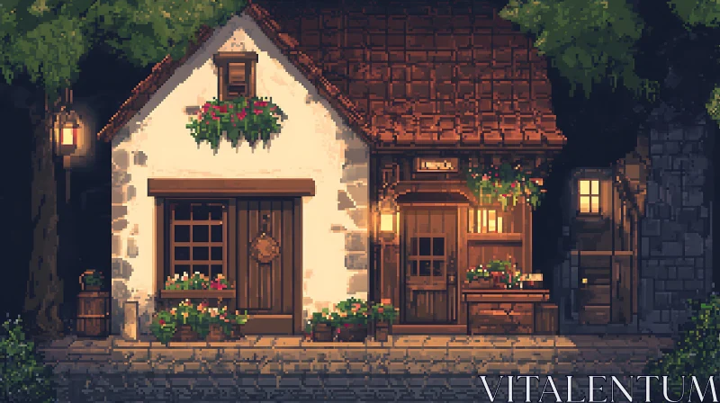 Pixel Art Night Scene of Rustic Cottage AI Image