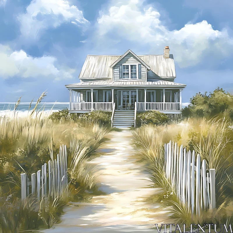 Scenic Coastal Cottage with Cloudy Sky AI Image