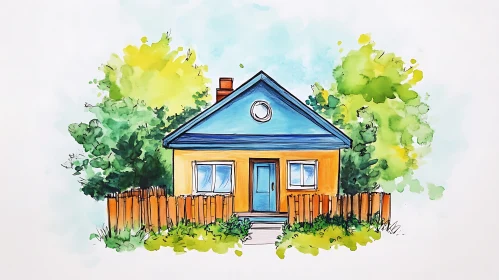 Colorful Illustration of a Cozy House with Blue Roof