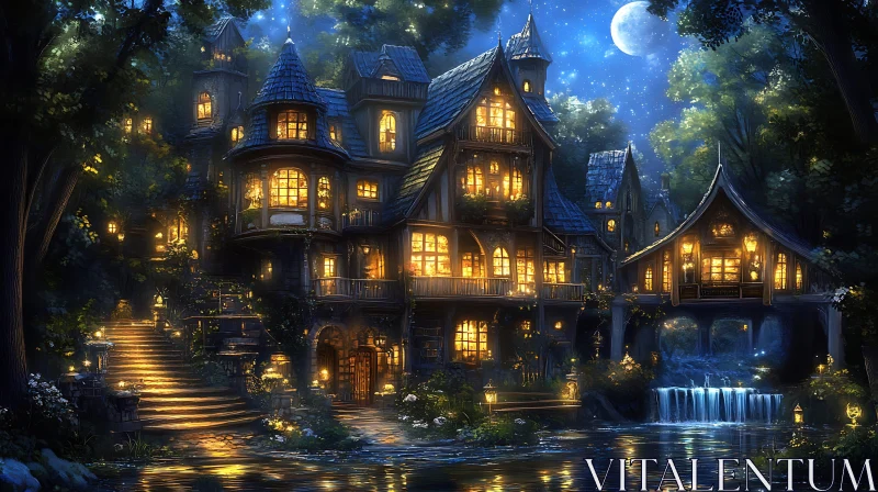 Whimsical Moonlit Village with Glowing Lights AI Image