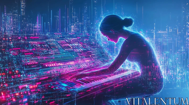 Neon Cyber Pianist in Digital City AI Image