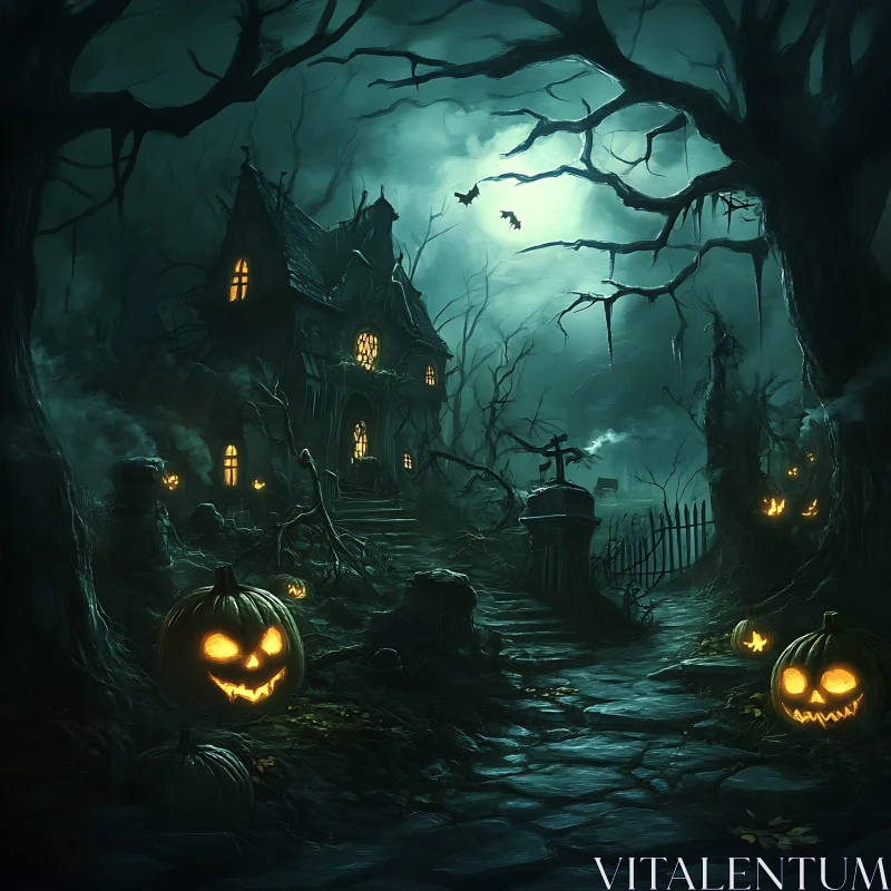 Spooky Night with a Haunted House and Pumpkins AI Image