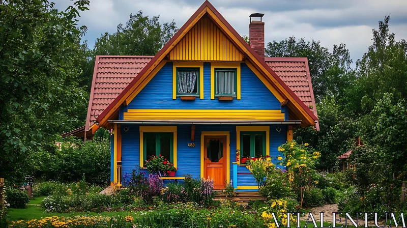 Vibrant Cottage Surrounded by Flowers AI Image