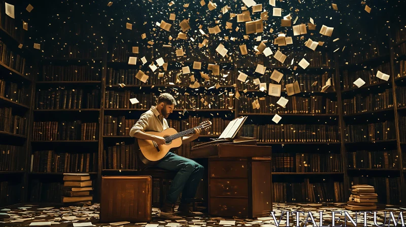 Harmonious Blend of Music and Literature in Enchanted Library AI Image