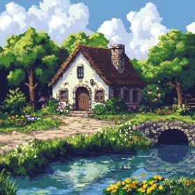 Idyllic Cottage with Stone Bridge and Blooming Flowers