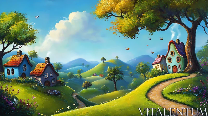 Whimsical Cottages in Picturesque Countryside Landscape AI Image