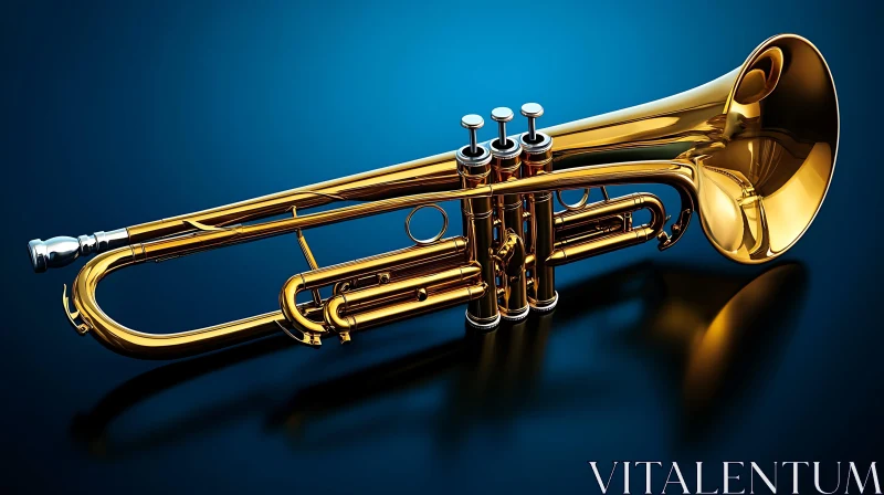 Shiny Brass Trumpet on Blue Surface AI Image