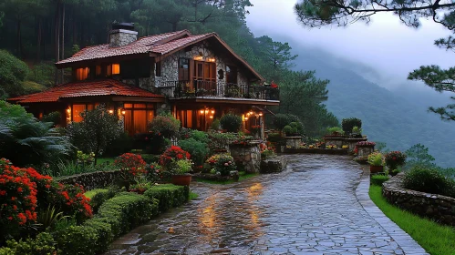 Enchanting Cottage in Misty Forest with Flower Gardens