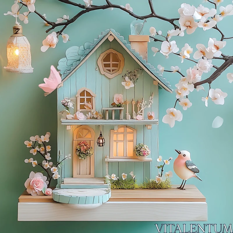 Whimsical Birdhouse with Flowers and Bird AI Image