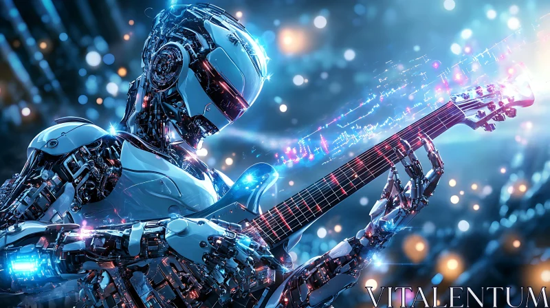 Cyborg with Electric Guitar in Futuristic Scene AI Image