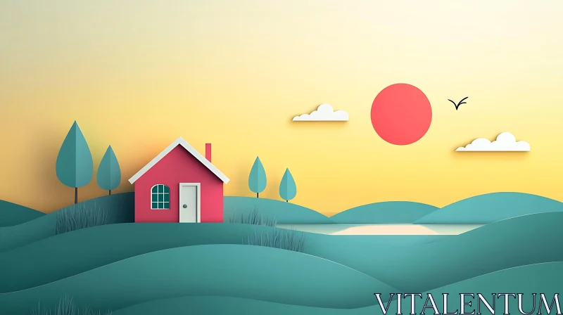 Serene Sunset Over House and Hills AI Image