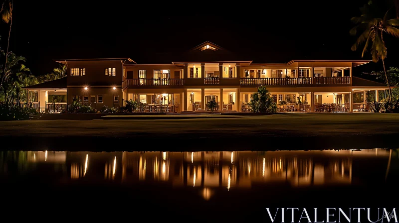 Night Scene of Grand Illuminated Mansion with Water Reflection AI Image