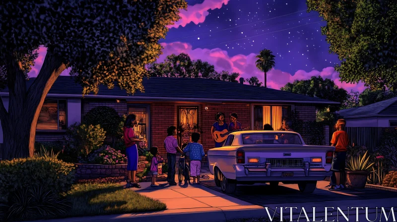 Family Gathering in a Suburban Evening AI Image