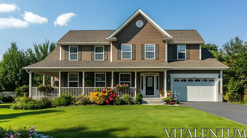 Beautiful Brown House with Manicured Lawn and Gabled Roof AI Image