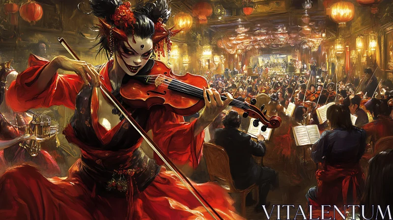 Surreal Demonic Character Playing Violin in Orchestra AI Image