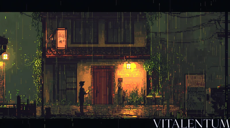 Rainy Night Pixel Art Urban Scene AI Image