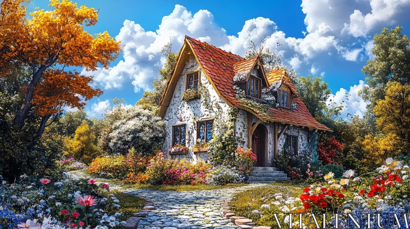 Quaint Cottage with Red Roof AI Image