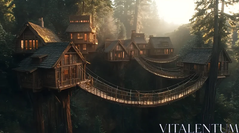 Wooden Treehouses Connected by Rope Bridges AI Image