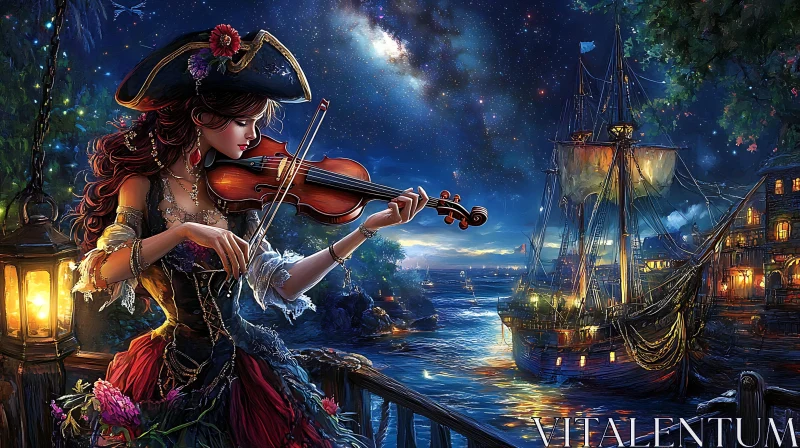 Magical Night with Violinist by the Ocean AI Image