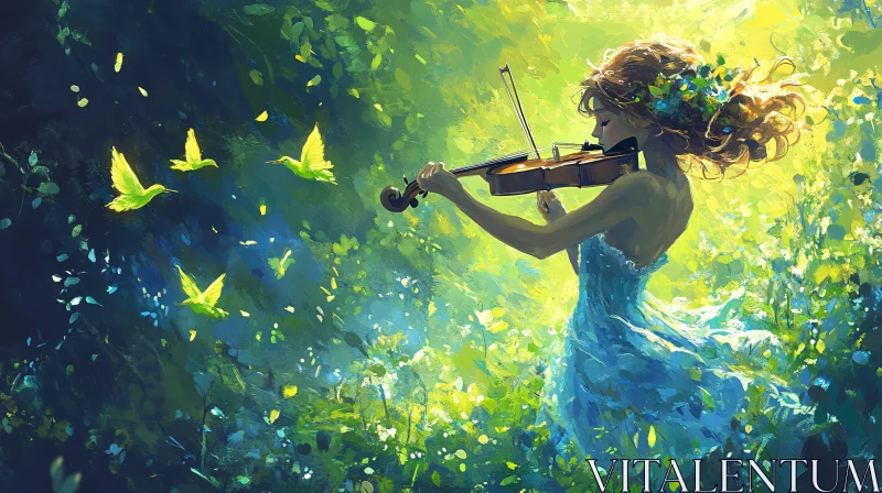 Serenity in Green: Violin and Butterflies AI Image