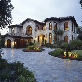 Elegant Stone Facade House with Evening Lights