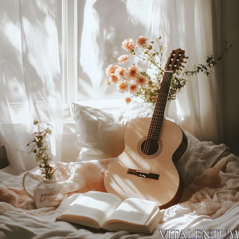 AI ART Tranquil Bedroom with Acoustic Guitar and Flowers