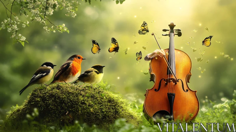 Musical Nature Scene with Birds and Butterflies AI Image