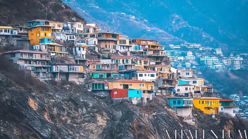 Vibrant Cliffside Homes in a Scenic Mountain Village AI Image