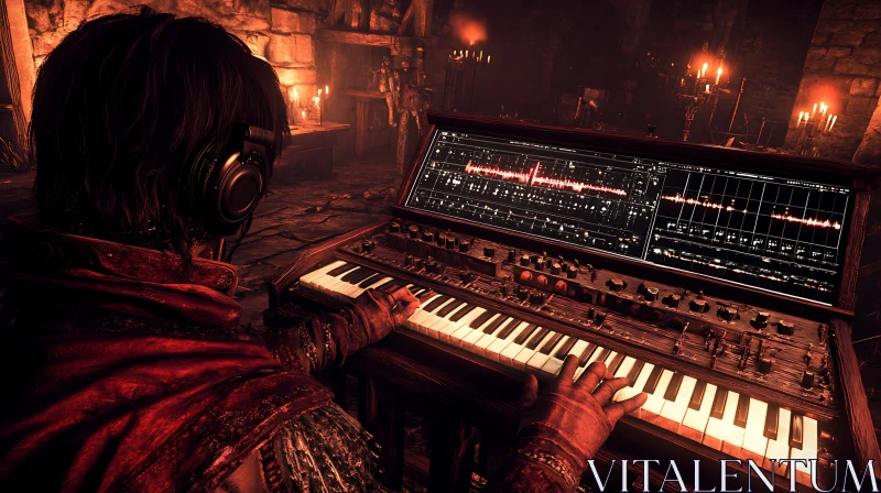 Musician Playing Synthesizer in a Medieval Room AI Image