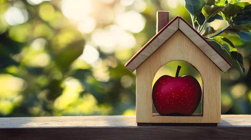 Apple Inside Wooden House with Green Background