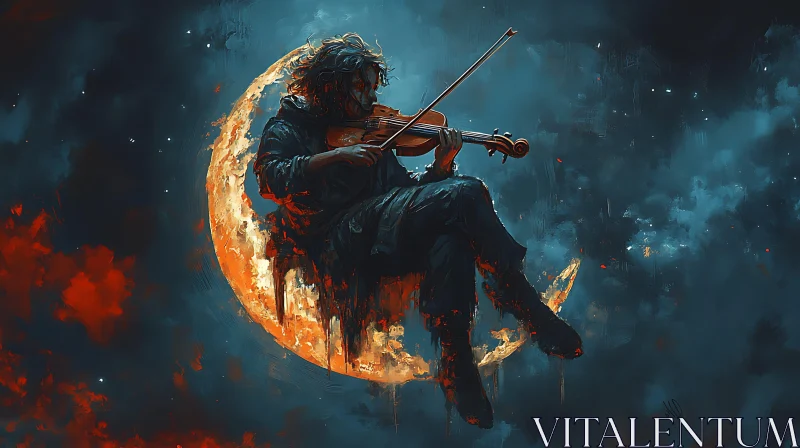 Fantasy Painting: Musician Playing on Crescent Moon AI Image