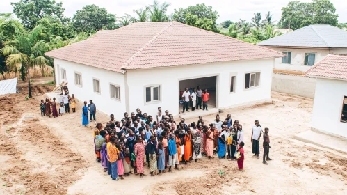 Group of People in Rural Setting Near White Building