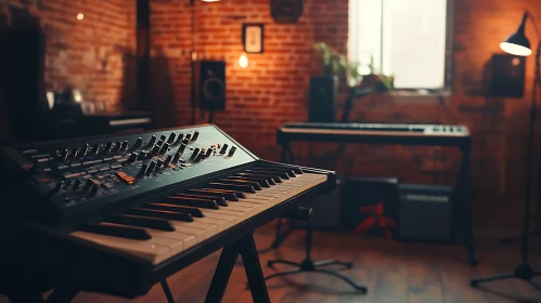 Brick Wall Music Studio with Electronic Synthesizers