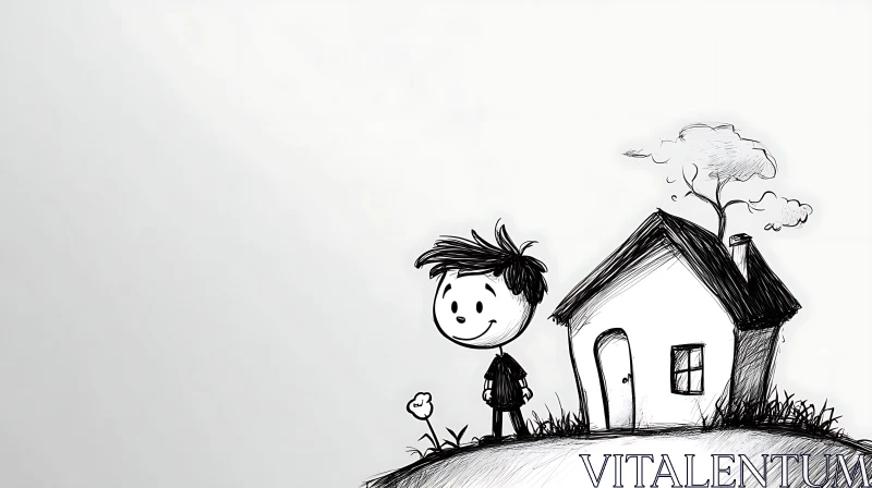 AI ART Black and White Cartoon Art of Child by a House