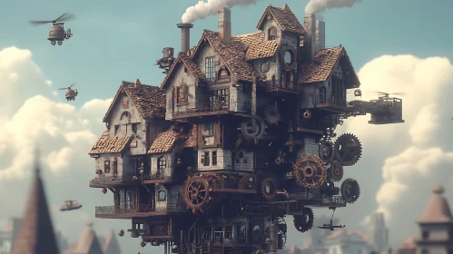 Imaginative Steampunk House with Gears and Mini Helicopters