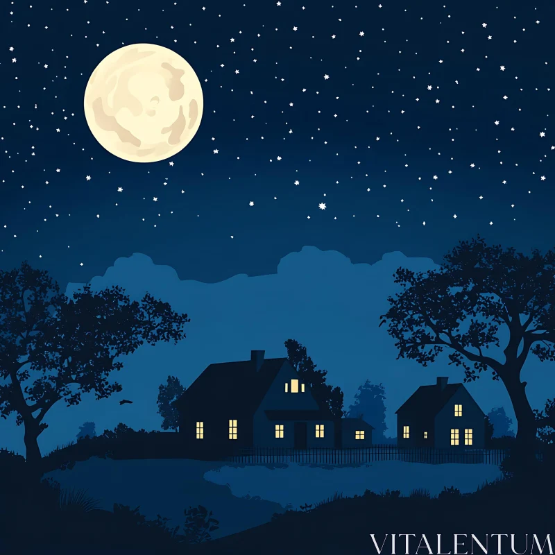 Peaceful Night with Bright Moon and Silhouetted Houses AI Image