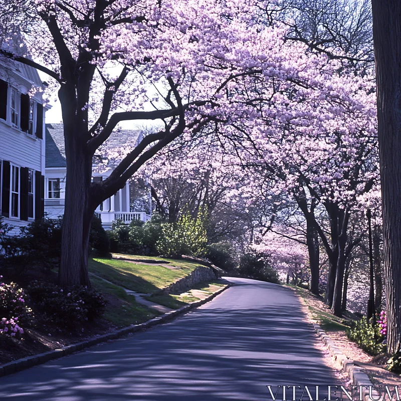 Quiet Suburban Street Under Cherry Blossoms AI Image