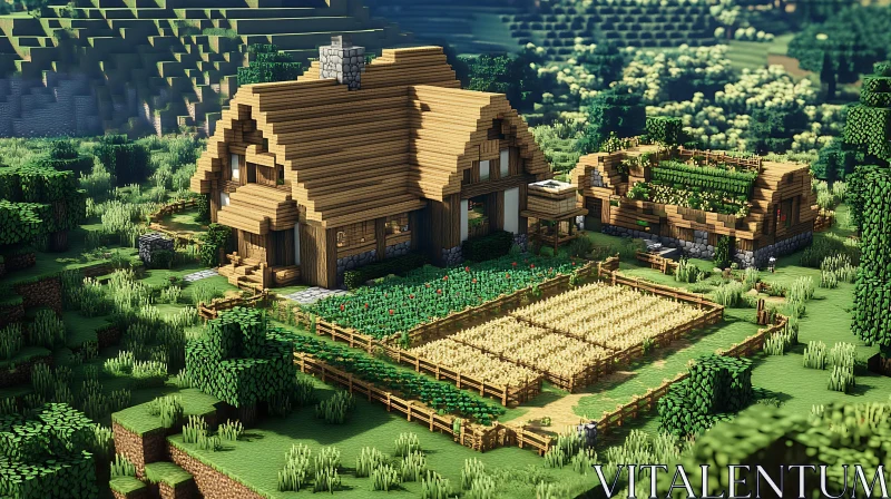 Pixelated Minecraft Farmhouse Amidst Nature AI Image