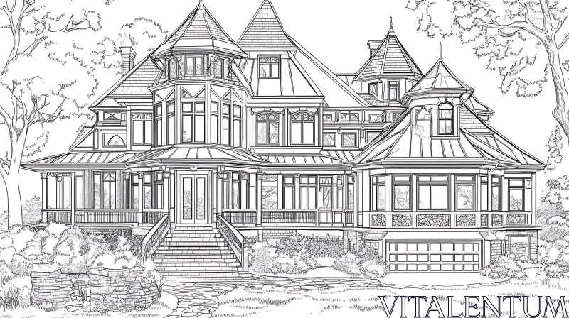 Intricate Victorian House Line Art AI Image