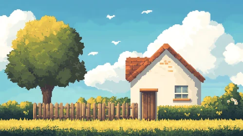 Pixel Art Countryside Scene with House and Tree