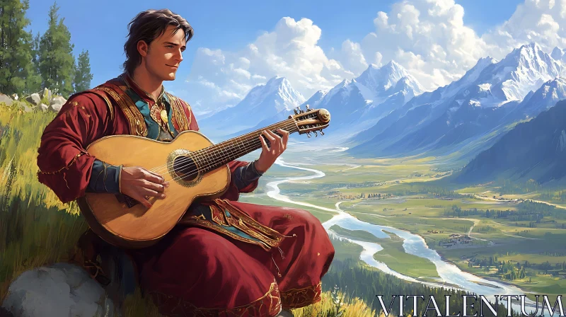 Guitarist in Scenic Mountain Landscape AI Image